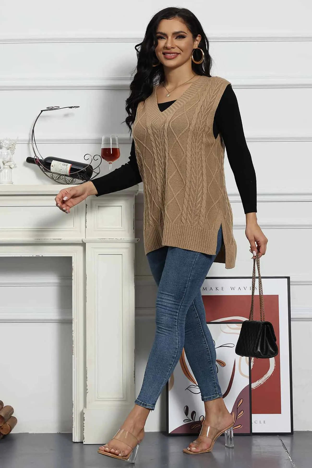 Joskaa V Neck Sleeveless Plaid Cable Knit Tank Top Sweaters