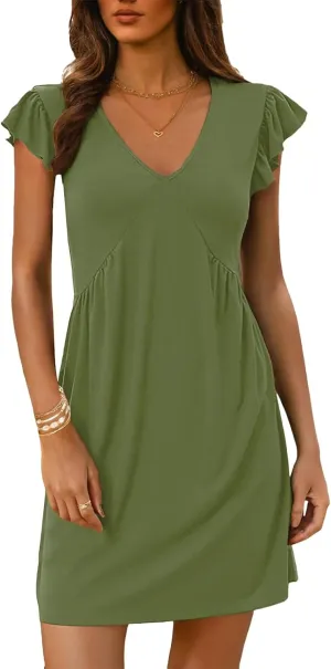 Kubbon Summer Dresses for Women Ruffle Sleeve V Neck Sundress Casual Loose V Neck Short Dress Travel Vacation Beach Dresses