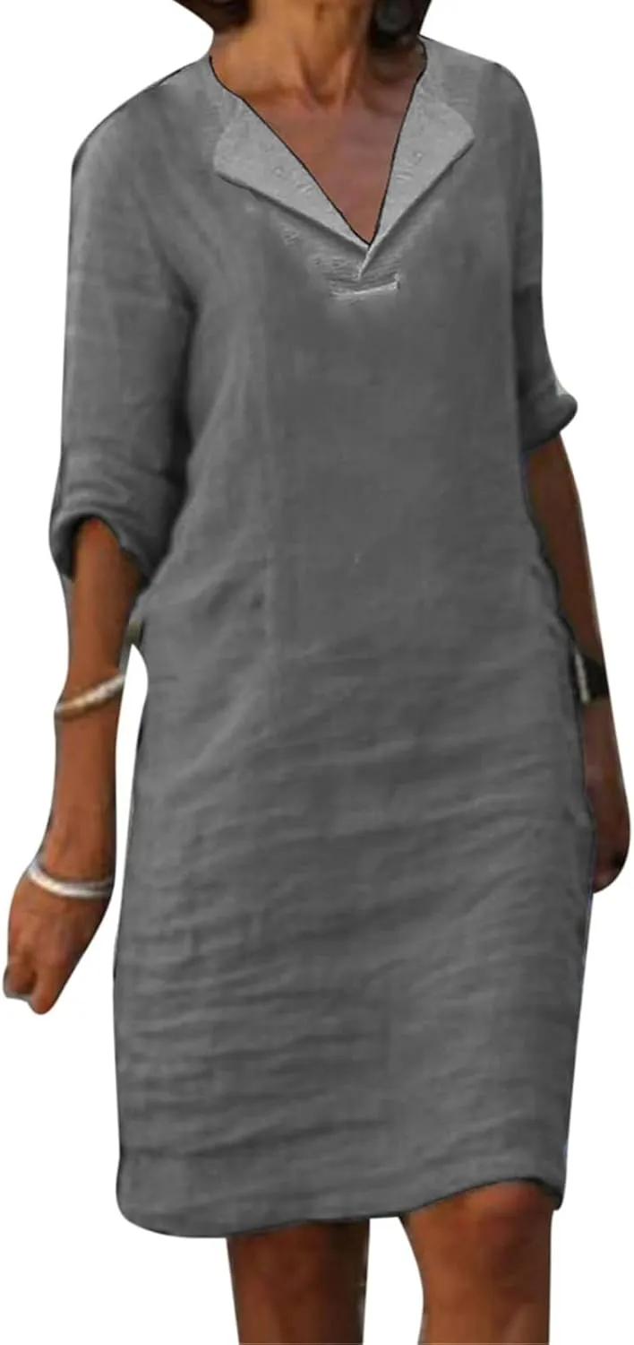 Linen Dresses for Women 2025 Elegant 1/2 Sleeve V-Neck T Shirts Dress Casual Loose Solid Slim Business Vacation Dress