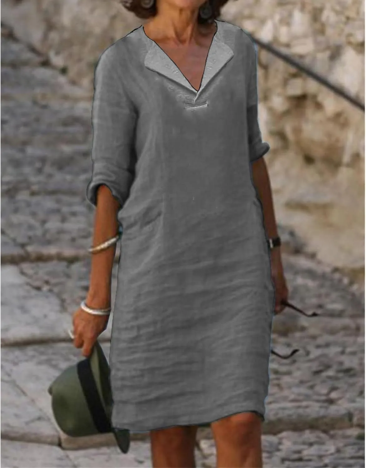 Linen Dresses for Women 2025 Elegant 1/2 Sleeve V-Neck T Shirts Dress Casual Loose Solid Slim Business Vacation Dress