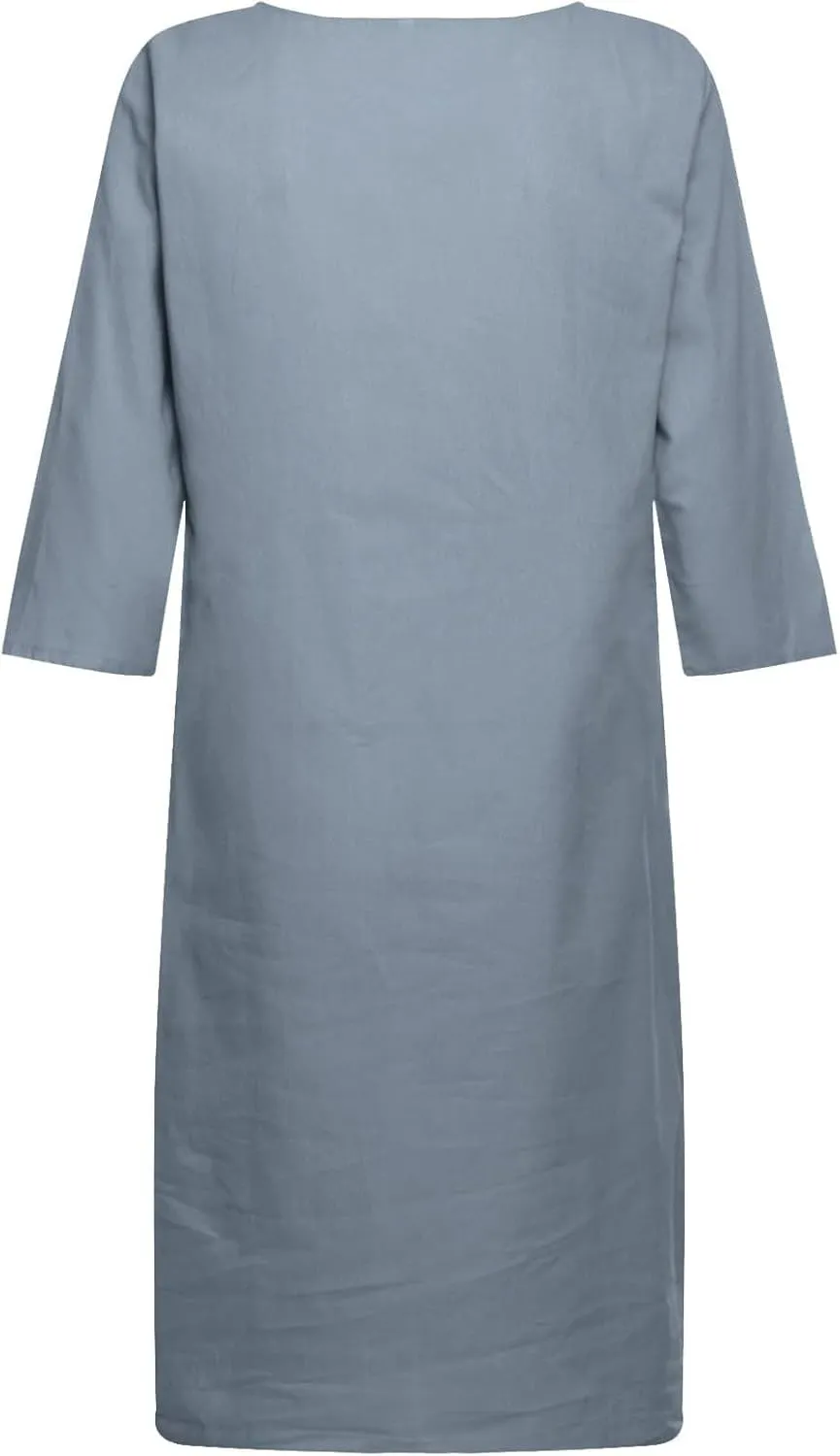 Linen Dresses for Women 2025 Elegant 1/2 Sleeve V-Neck T Shirts Dress Casual Loose Solid Slim Business Vacation Dress