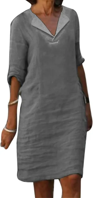 Linen Dresses for Women 2025 Elegant 1/2 Sleeve V-Neck T Shirts Dress Casual Loose Solid Slim Business Vacation Dress