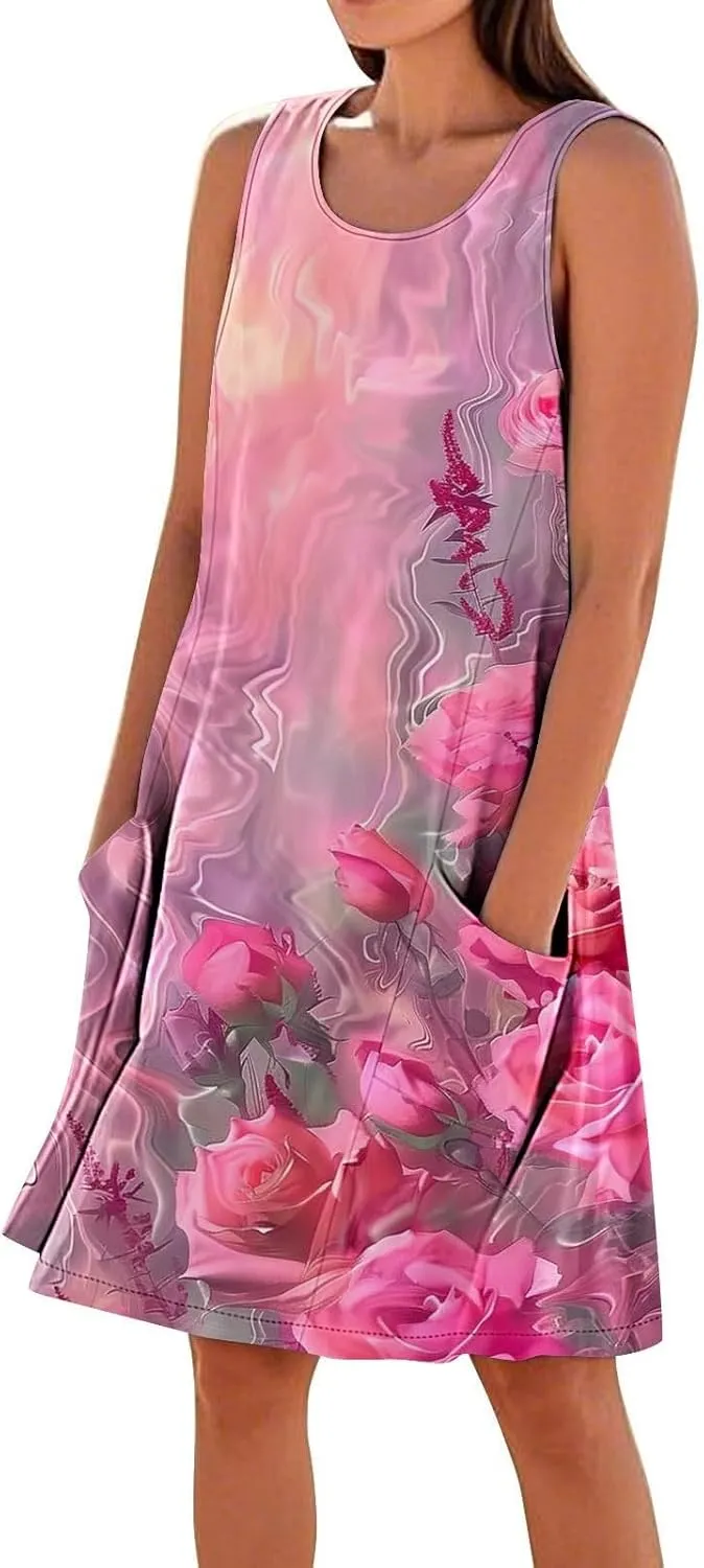 Linen Dresses for Women 2025 Sleeveless Crewneck Floral Print Tank Dress Casual Loose Sundress