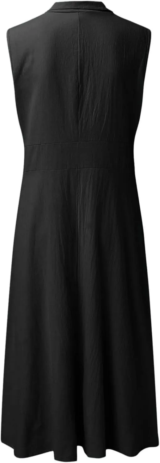 Linen Dresses for Women Button Down Dress Casual Summer Maxi Dresses V Neck A-Line Long Work Dress Business Sundress