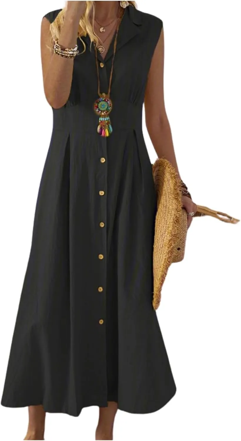 Linen Dresses for Women Button Down Dress Casual Summer Maxi Dresses V Neck A-Line Long Work Dress Business Sundress