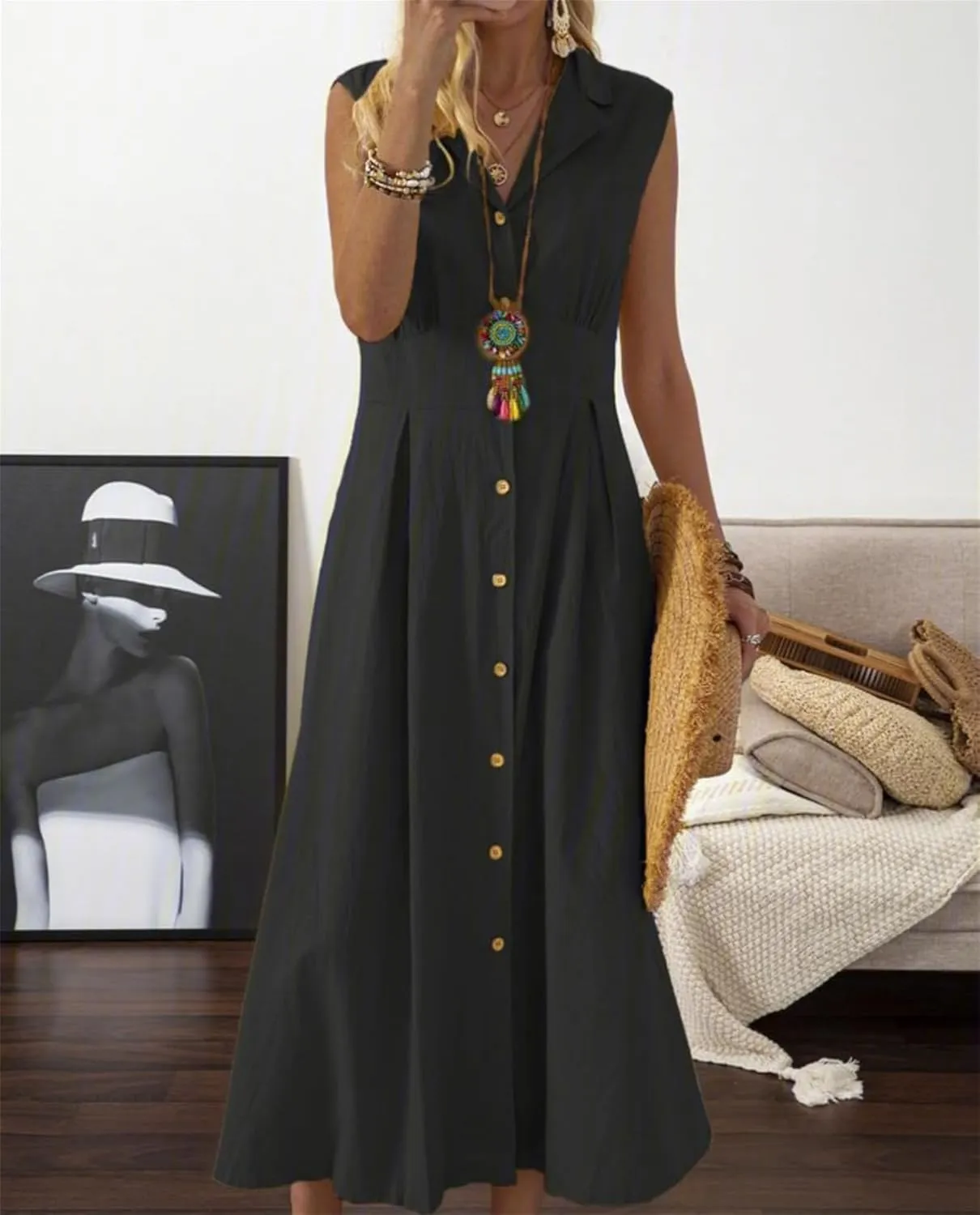 Linen Dresses for Women Button Down Dress Casual Summer Maxi Dresses V Neck A-Line Long Work Dress Business Sundress