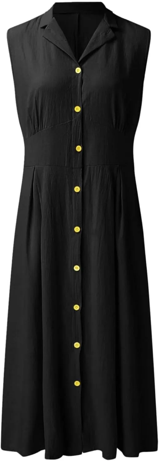 Linen Dresses for Women Button Down Dress Casual Summer Maxi Dresses V Neck A-Line Long Work Dress Business Sundress