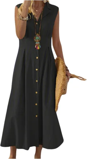 Linen Dresses for Women Button Down Dress Casual Summer Maxi Dresses V Neck A-Line Long Work Dress Business Sundress