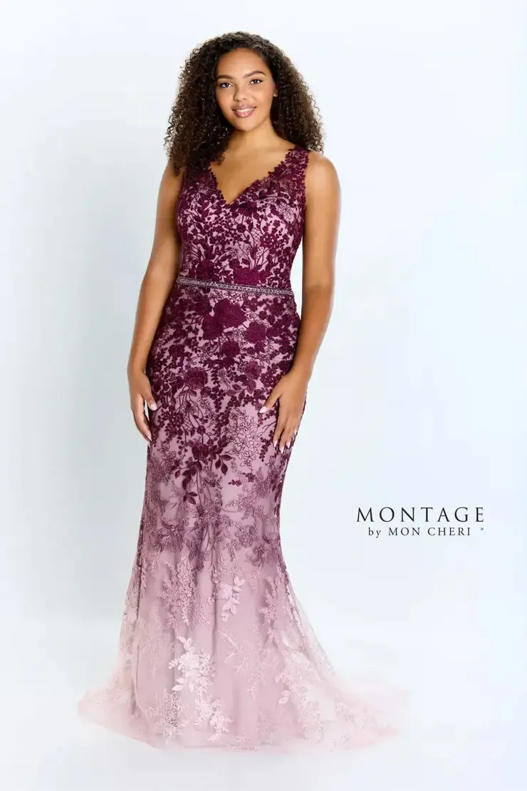 Montage 122903 Ombre Embroidered Allover Lace Fit and Flare Gown