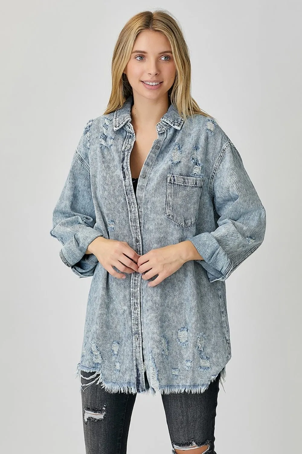 RISEN Distressed Raw Hem Denim Shirt