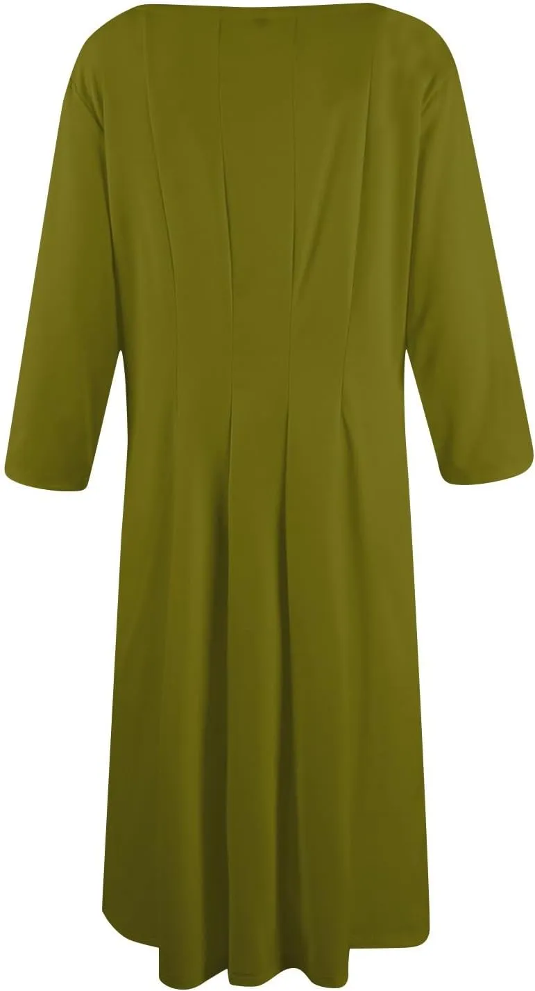 Summer Dress for Women Casual Trendy Solid Crew Neck 3/4 Sleeve A Line Elegant Boho Swing Midi Dress with Pockets