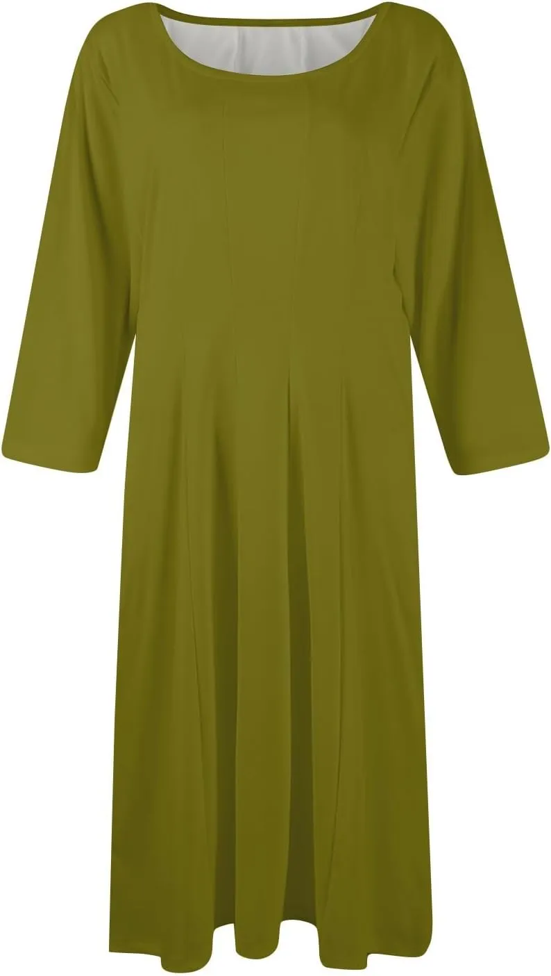 Summer Dress for Women Casual Trendy Solid Crew Neck 3/4 Sleeve A Line Elegant Boho Swing Midi Dress with Pockets
