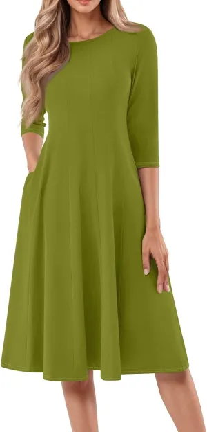 Summer Dress for Women Casual Trendy Solid Crew Neck 3/4 Sleeve A Line Elegant Boho Swing Midi Dress with Pockets