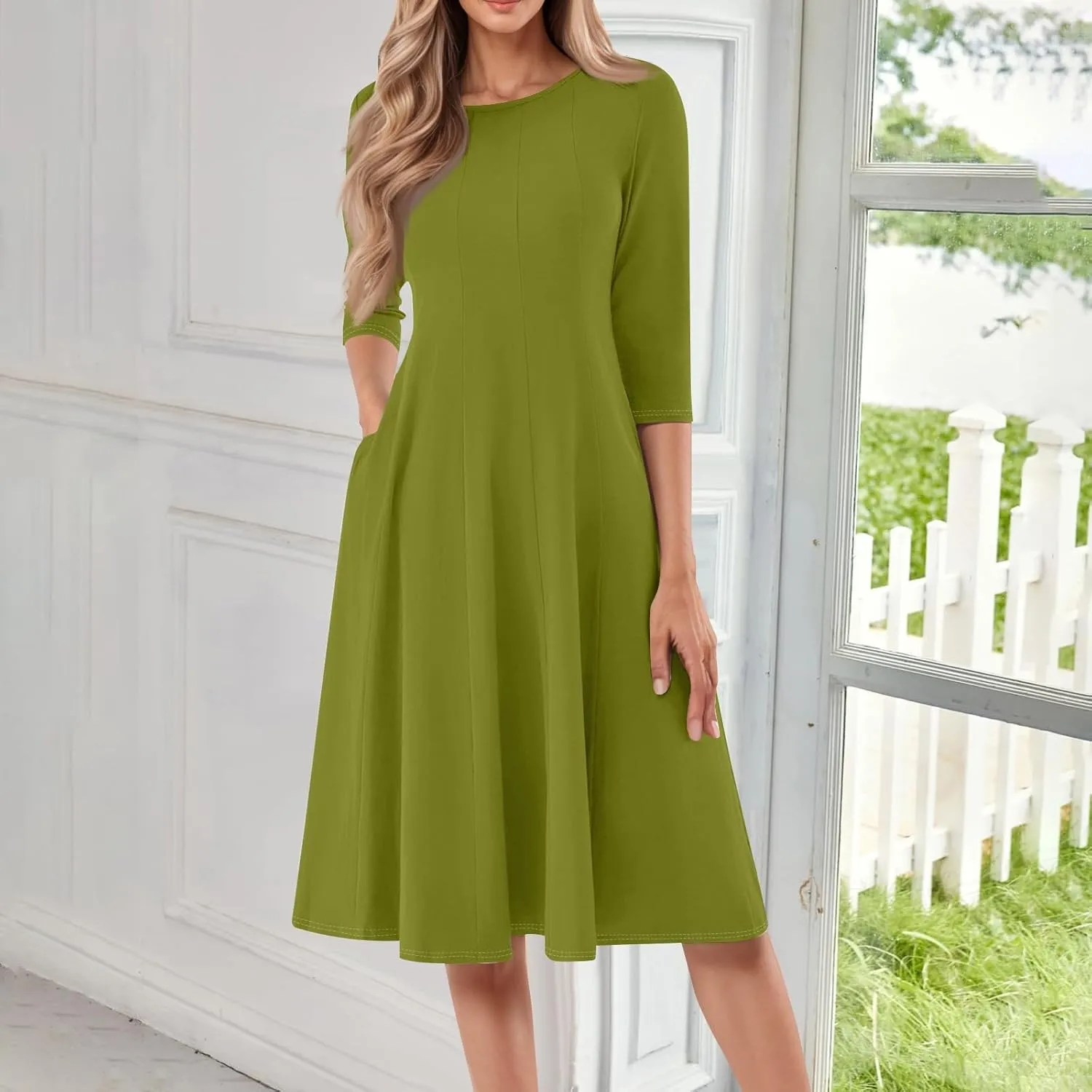 Summer Dress for Women Casual Trendy Solid Crew Neck 3/4 Sleeve A Line Elegant Boho Swing Midi Dress with Pockets