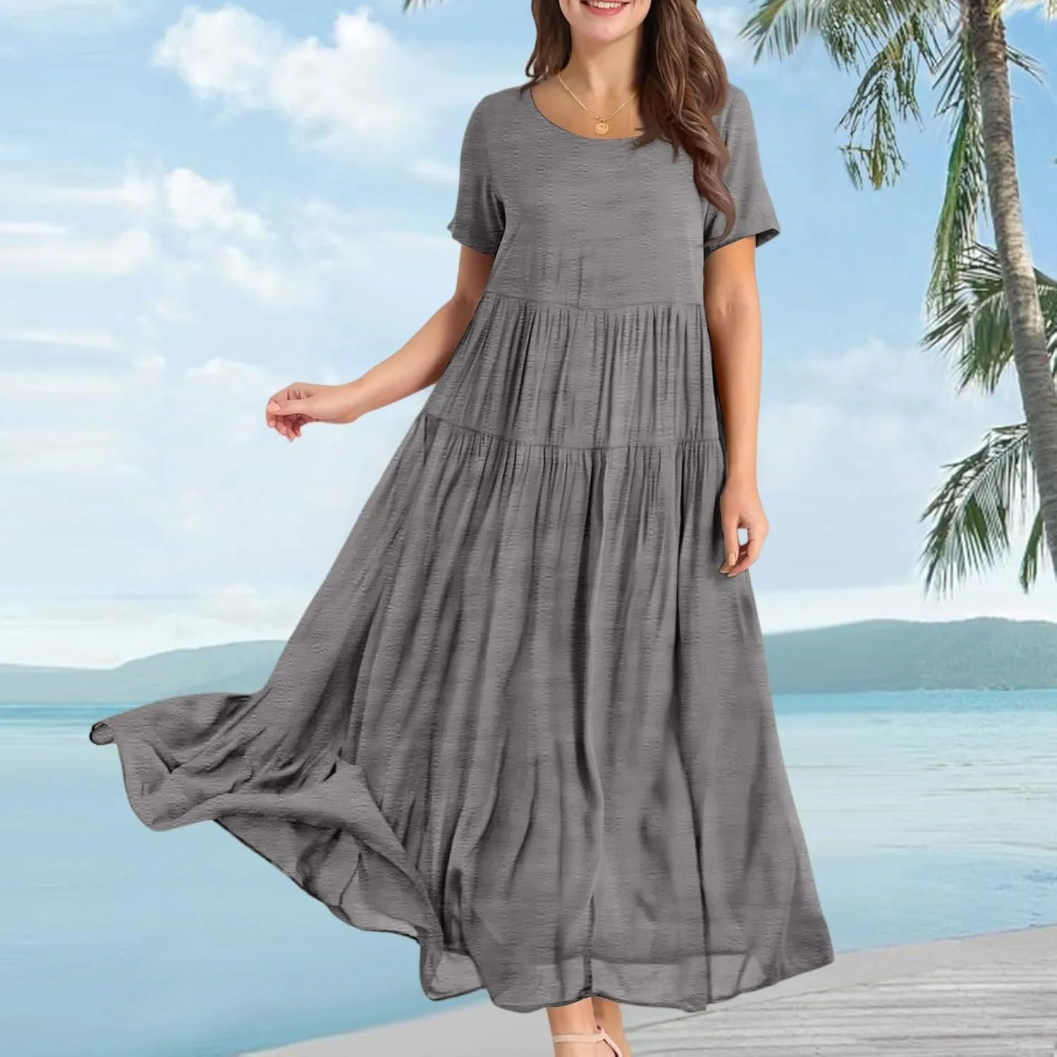 Summer Flowy Maxi Dress for Women Crew Neck Short Sleeve Big Swing Long Boho Beach Vacation Sundress