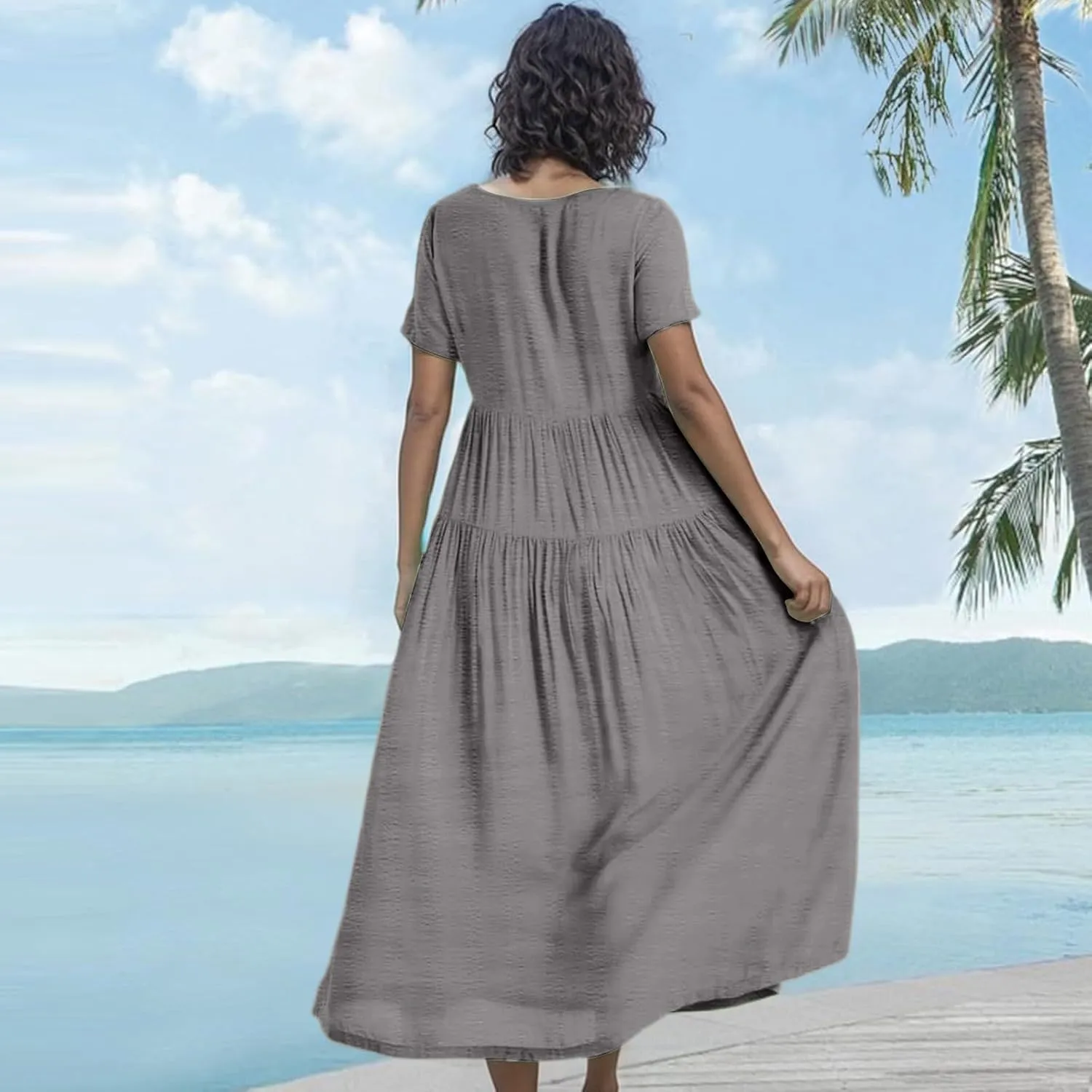 Summer Flowy Maxi Dress for Women Crew Neck Short Sleeve Big Swing Long Boho Beach Vacation Sundress