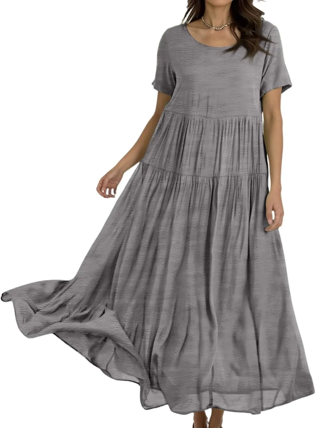 Summer Flowy Maxi Dress for Women Crew Neck Short Sleeve Big Swing Long Boho Beach Vacation Sundress