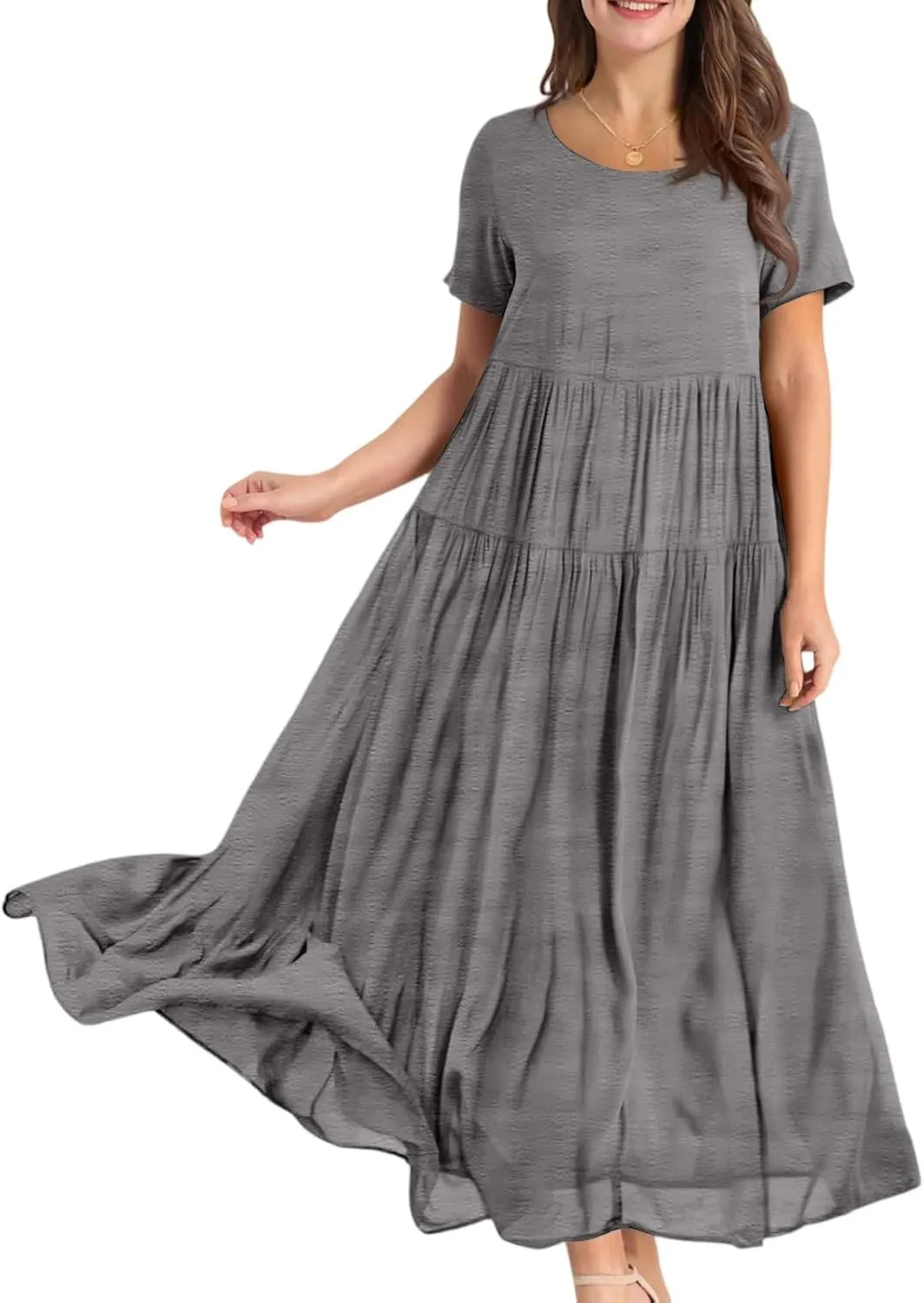 Summer Flowy Maxi Dress for Women Crew Neck Short Sleeve Big Swing Long Boho Beach Vacation Sundress