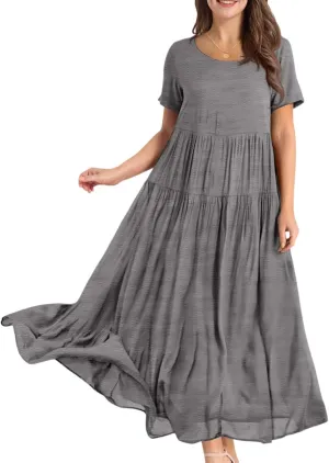 Summer Flowy Maxi Dress for Women Crew Neck Short Sleeve Big Swing Long Boho Beach Vacation Sundress
