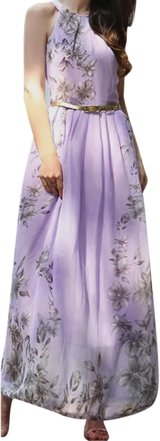 Sundresses for Women Boho Floral Print Maxi Y2k Chiffon Beach Long Dresses Sleeveless Flowy Summer Vacation Dress