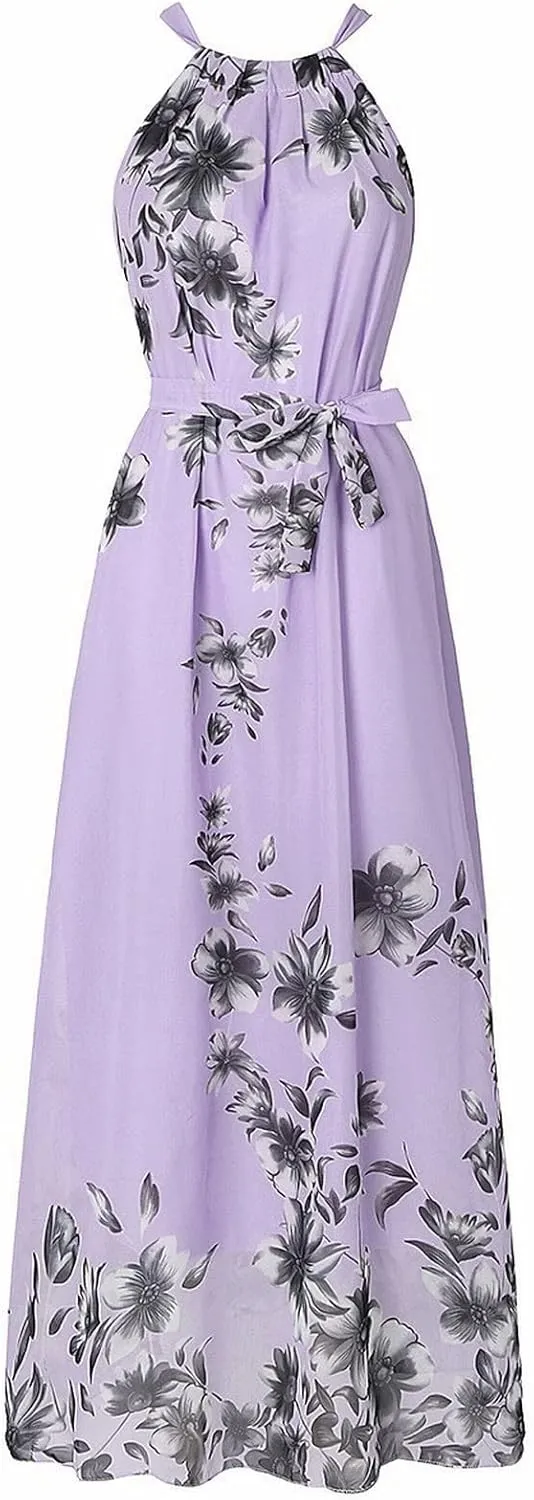 Sundresses for Women Boho Floral Print Maxi Y2k Chiffon Beach Long Dresses Sleeveless Flowy Summer Vacation Dress