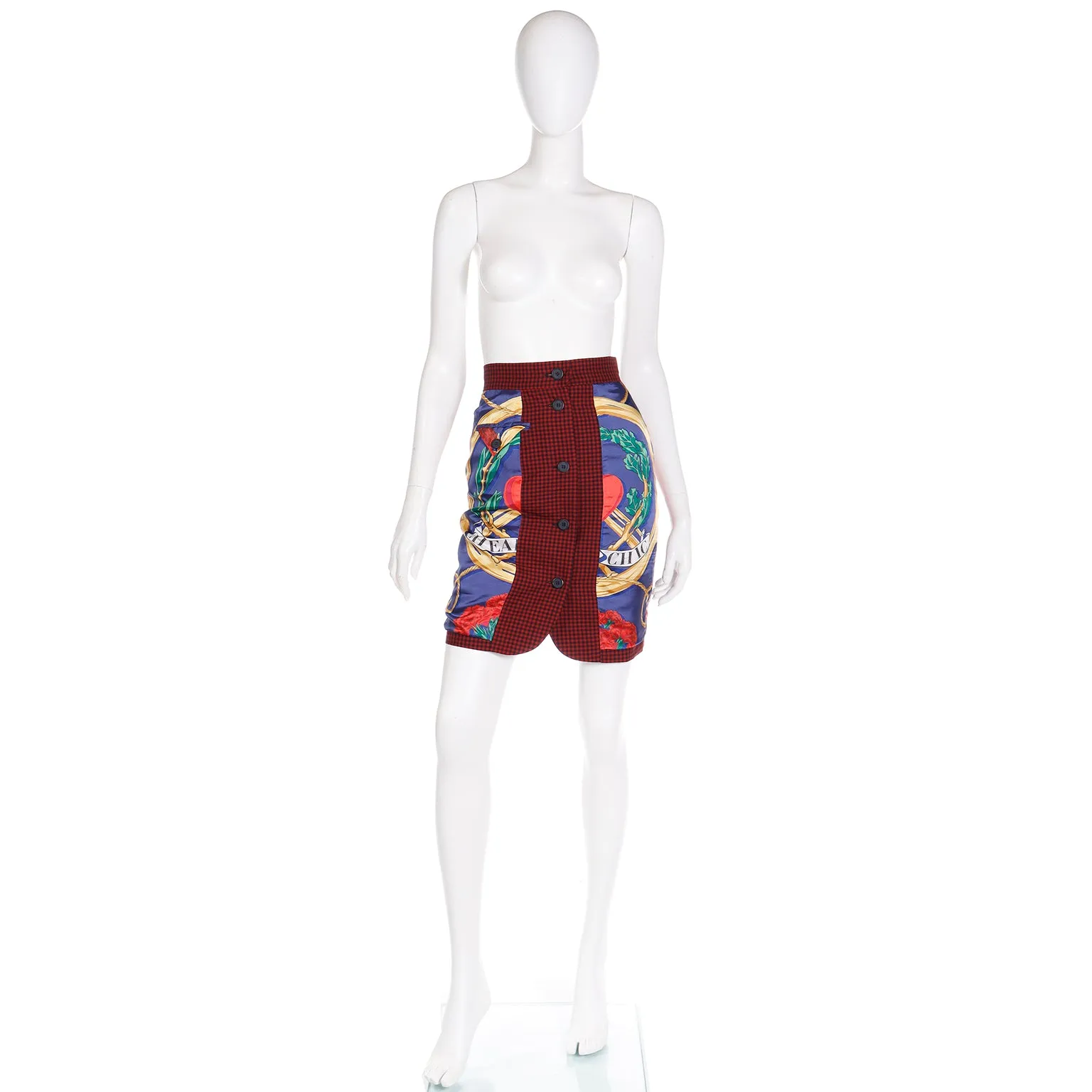 Vintage Moschino Pret a Porter Skirt w Novelty Satin & Check Print