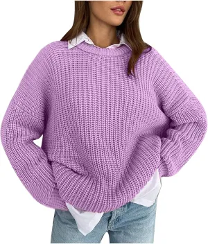 Women Loose Cable Knit Sweaters Long Sleeve Round Neck Sweater Trendy Casual Chunky Pullovers