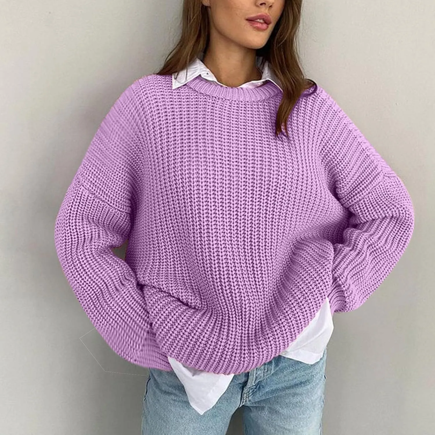 Women Loose Cable Knit Sweaters Long Sleeve Round Neck Sweater Trendy Casual Chunky Pullovers