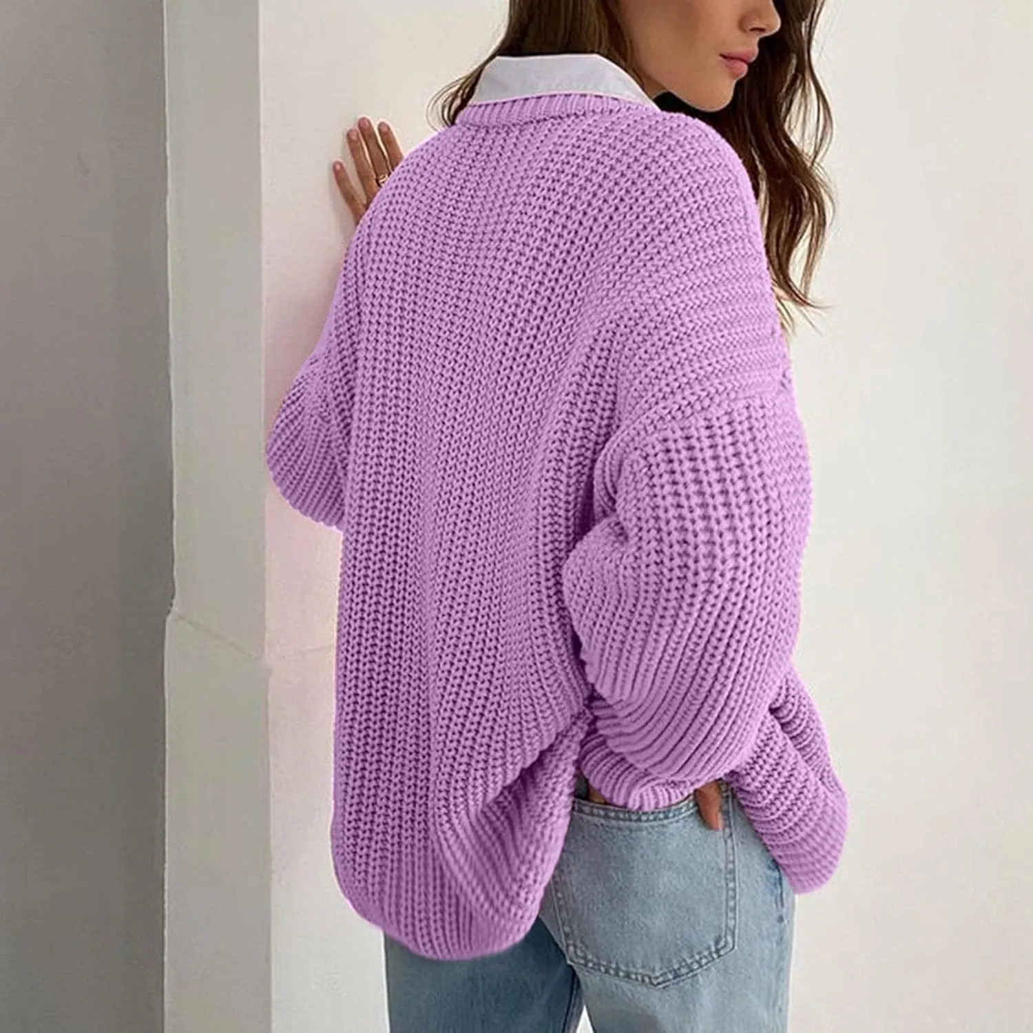 Women Loose Cable Knit Sweaters Long Sleeve Round Neck Sweater Trendy Casual Chunky Pullovers