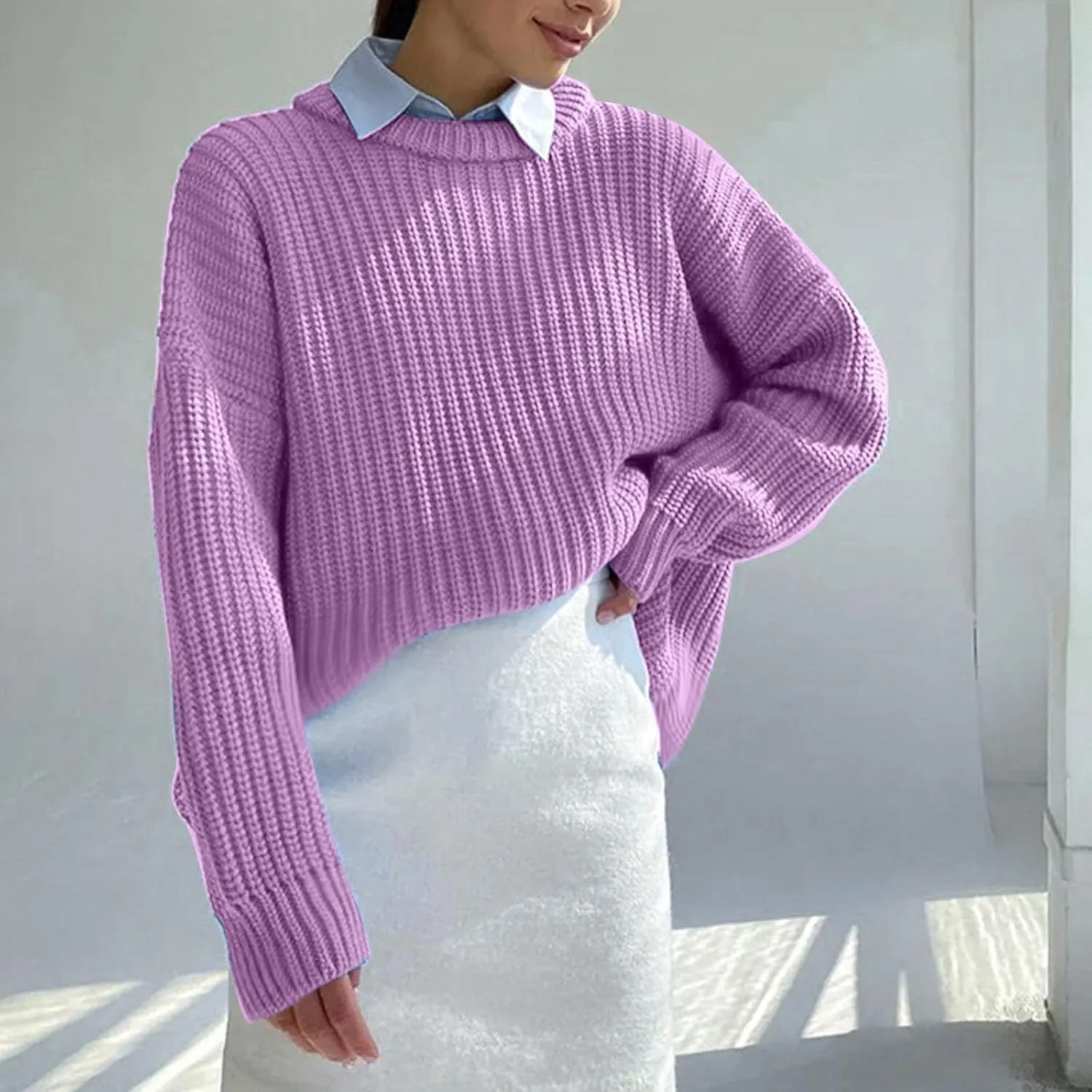 Women Loose Cable Knit Sweaters Long Sleeve Round Neck Sweater Trendy Casual Chunky Pullovers