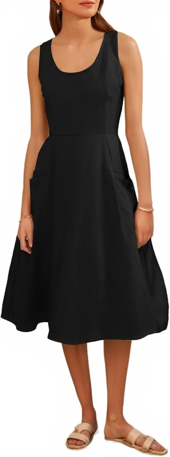 Women Summer Dresses Spaghetti Strap Sleeveless Linen Overall Dress Casual A-Line Midi Long Beach Dress with Pocket