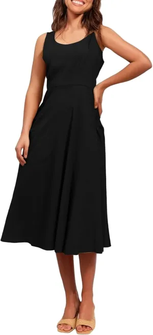 Women Summer Dresses Spaghetti Strap Sleeveless Linen Overall Dress Casual A-Line Midi Long Beach Dress with Pocket