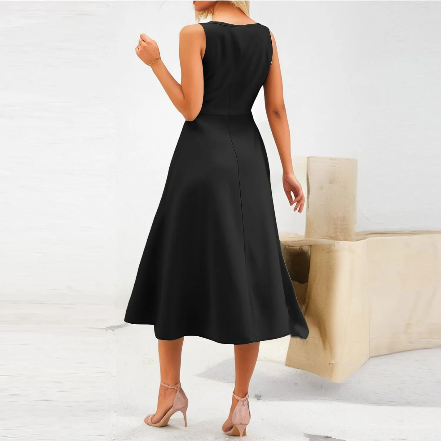 Women Summer Dresses Spaghetti Strap Sleeveless Linen Overall Dress Casual A-Line Midi Long Beach Dress with Pocket