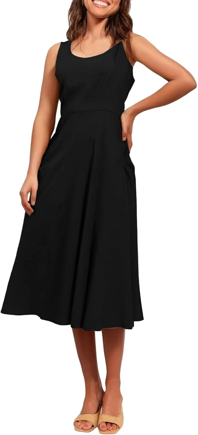Women Summer Dresses Spaghetti Strap Sleeveless Linen Overall Dress Casual A-Line Midi Long Beach Dress with Pocket
