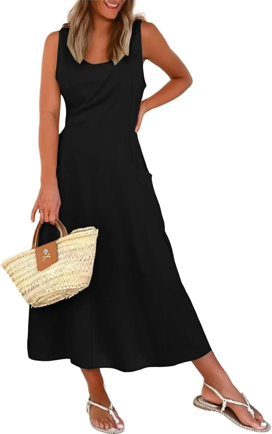 Women Summer Dresses Spaghetti Strap Sleeveless Linen Overall Dress Casual A-Line Midi Long Beach Dress with Pocket