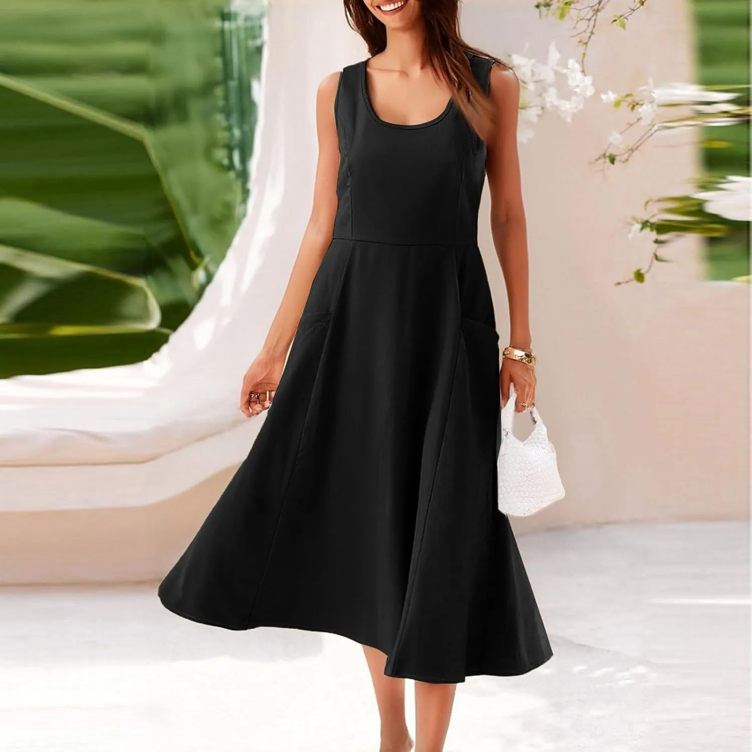 Women Summer Dresses Spaghetti Strap Sleeveless Linen Overall Dress Casual A-Line Midi Long Beach Dress with Pocket