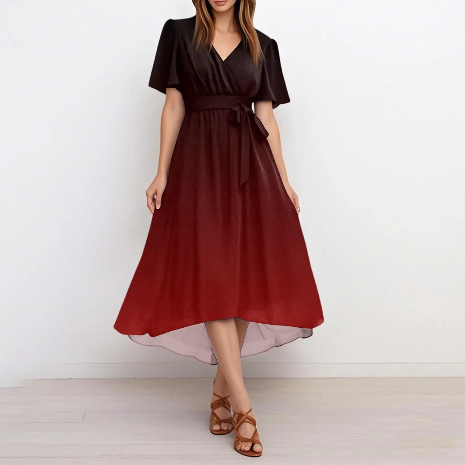 Womens Boho Floral Printed Flowy Wrap Short Sexy Dresses 2025 Elegant V Neck Belted Summer Wedding Prom Cocktail Midi Dress
