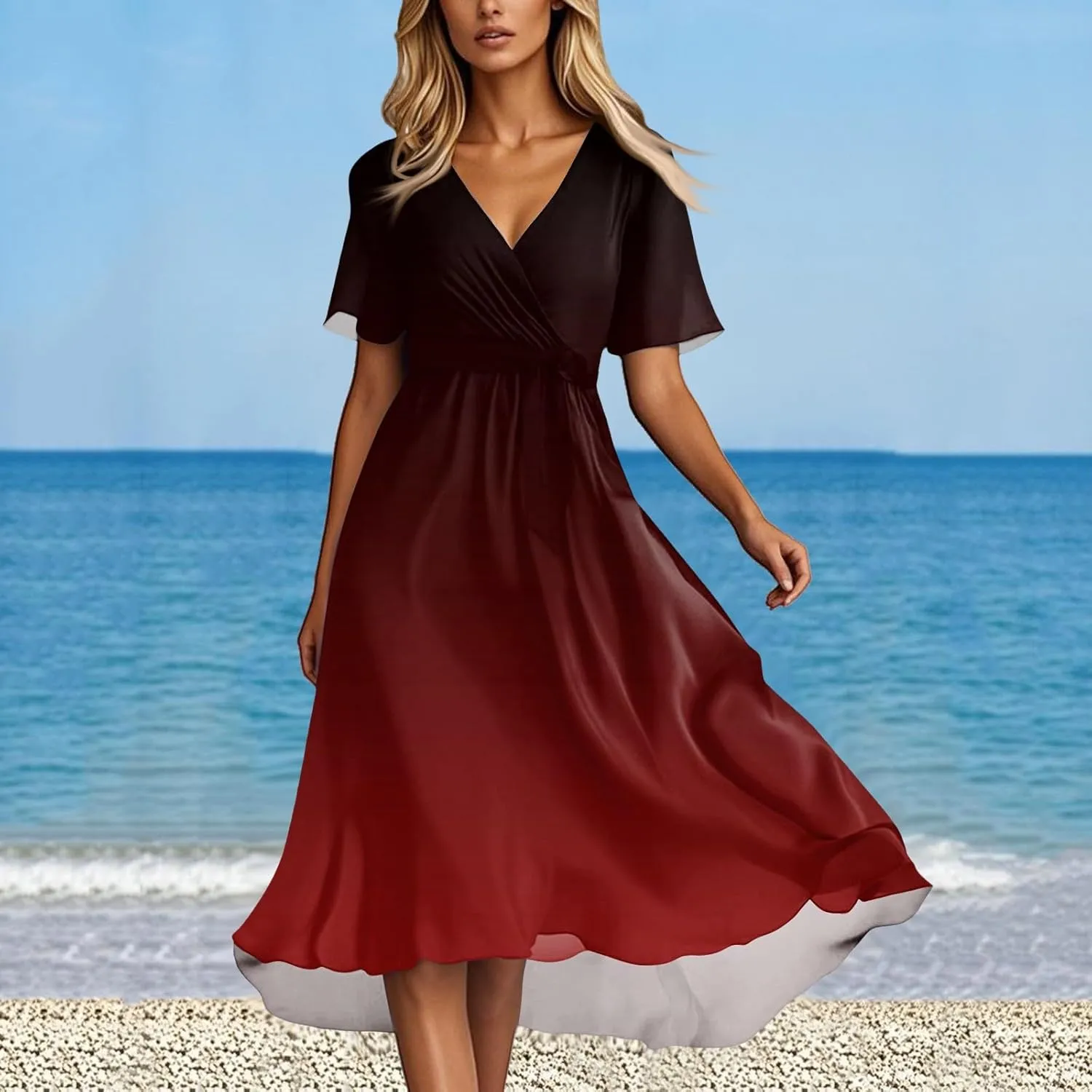 Womens Boho Floral Printed Flowy Wrap Short Sexy Dresses 2025 Elegant V Neck Belted Summer Wedding Prom Cocktail Midi Dress