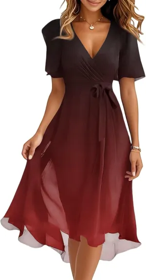Womens Boho Floral Printed Flowy Wrap Short Sexy Dresses 2025 Elegant V Neck Belted Summer Wedding Prom Cocktail Midi Dress