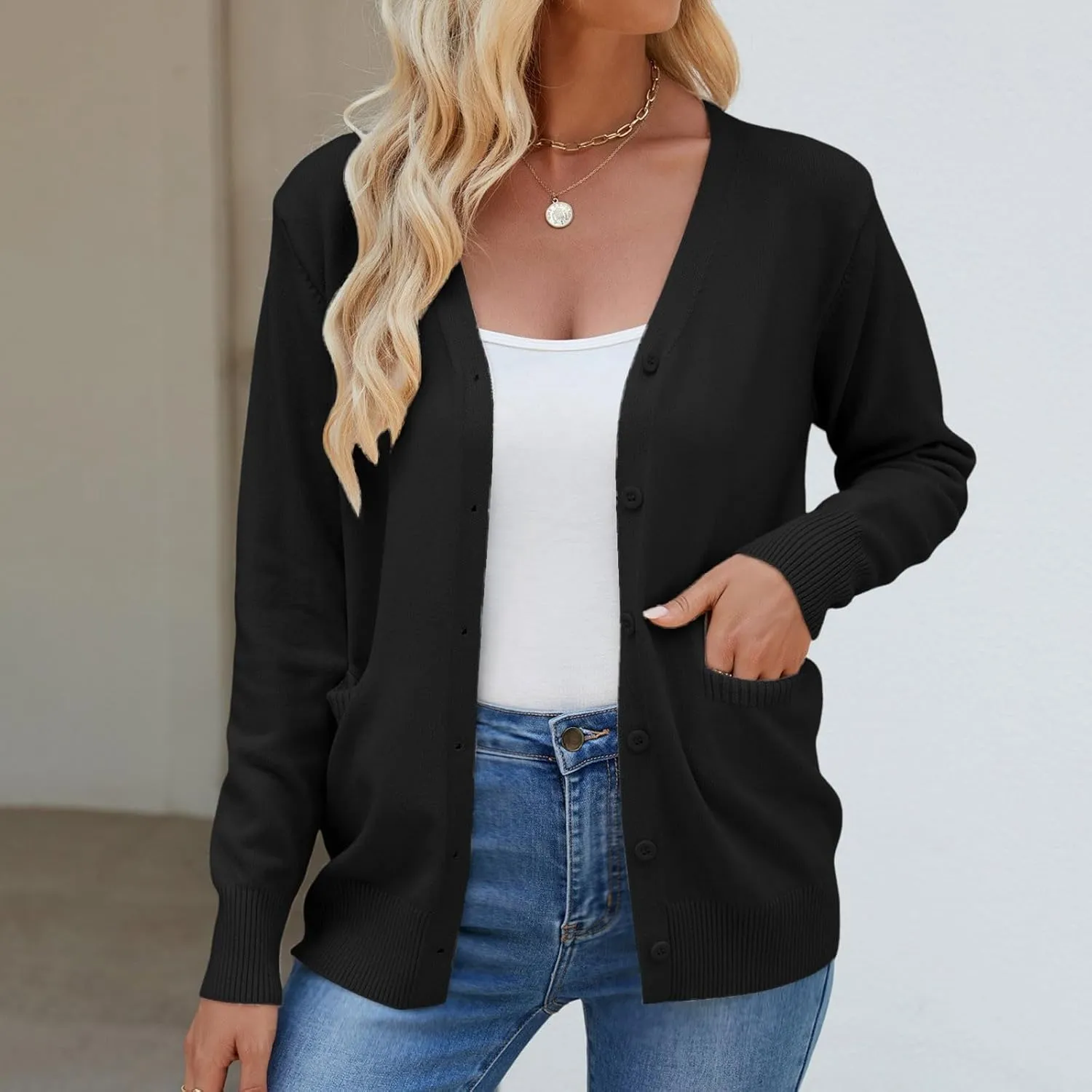 Womens Cardigan Trendy Lightweight Long Sleeve Open Front Button Up Solid Cardigans Sweater for Women with Pockets