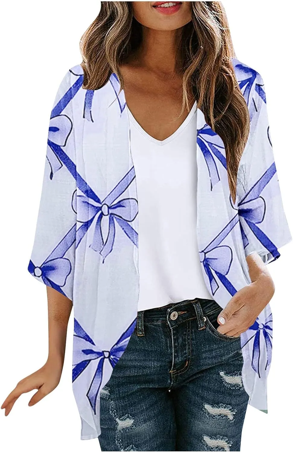 Womens Flowy 3/4 Sleeve Chiffon Kimono Cardigan UV Sun Protection Shirts Summer Work Swimsuit Front Open Cover Ups