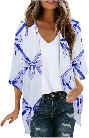 Womens Flowy 3/4 Sleeve Chiffon Kimono Cardigan UV Sun Protection Shirts Summer Work Swimsuit Front Open Cover Ups