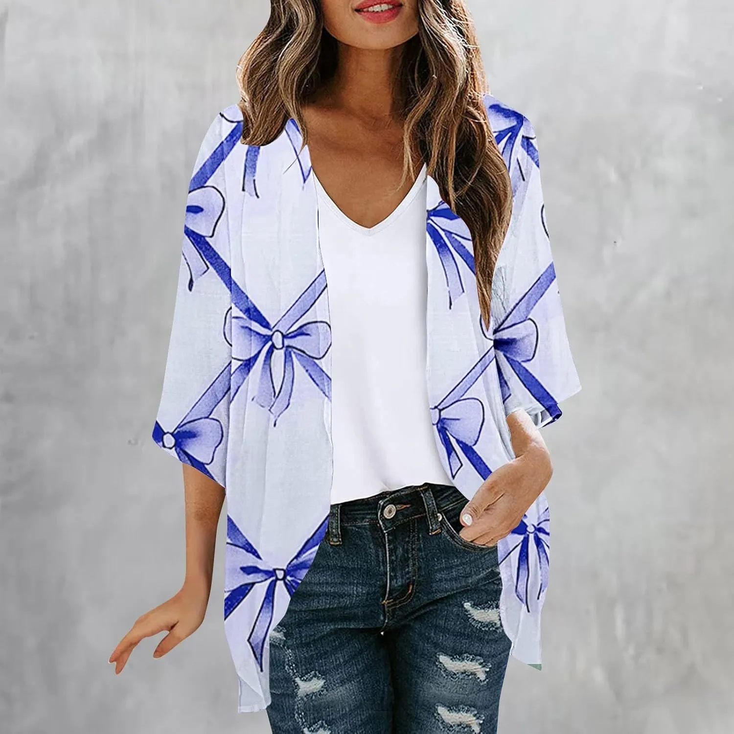 Womens Flowy 3/4 Sleeve Chiffon Kimono Cardigan UV Sun Protection Shirts Summer Work Swimsuit Front Open Cover Ups