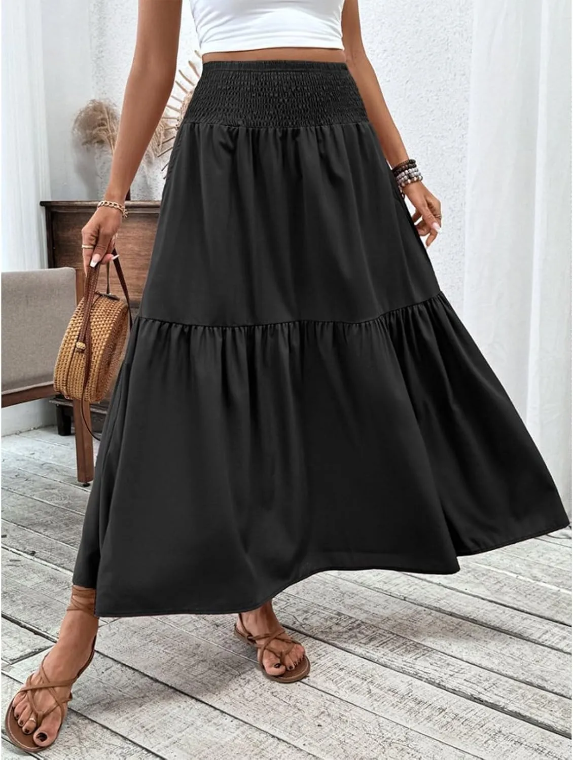 Women's Long Skirts Boho Swing Solid Stretch High Waist Tiered A-Line Maxi Skirt with Pockets, S-XL