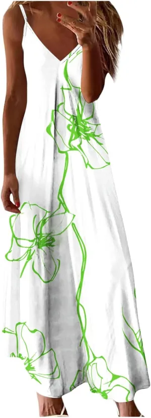 Women's Maxi Dresses 2025 Sexy Spaghetti Straps Beach Vacation Long Dress Floral Flowy Summer Dresses