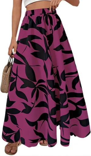 Women's Skirt Summer Elastic Waisted Floral Pleated Boho Beach Flowy Midi Skirts 2025, S-XL