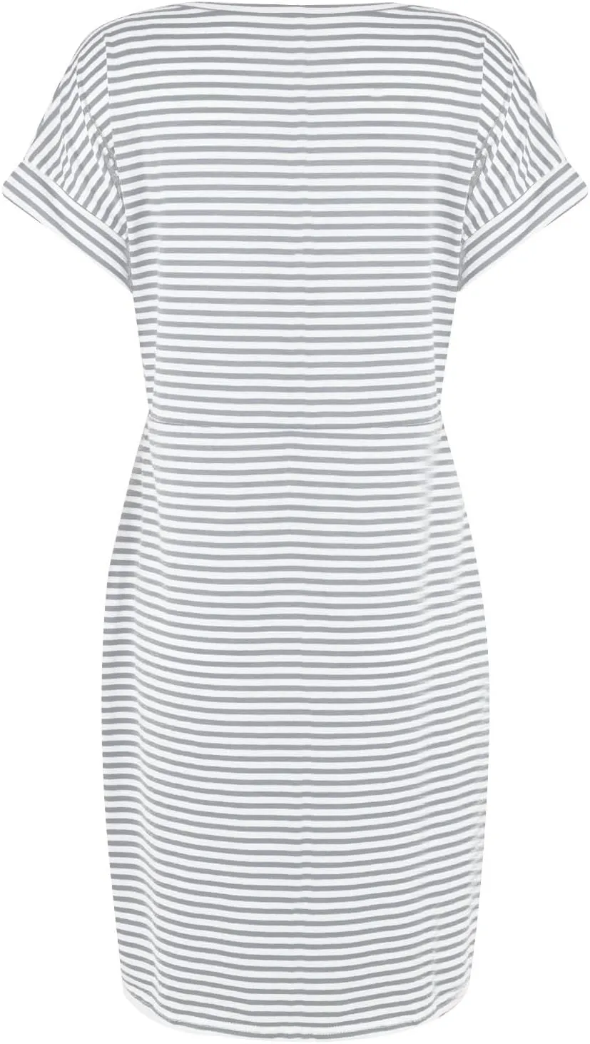 Women's Summer Dresses 2025 Trendy Crewneck Short Sleeve Midi T Shirt Dress Tie Waist Striped Tunic Dress with Pocket