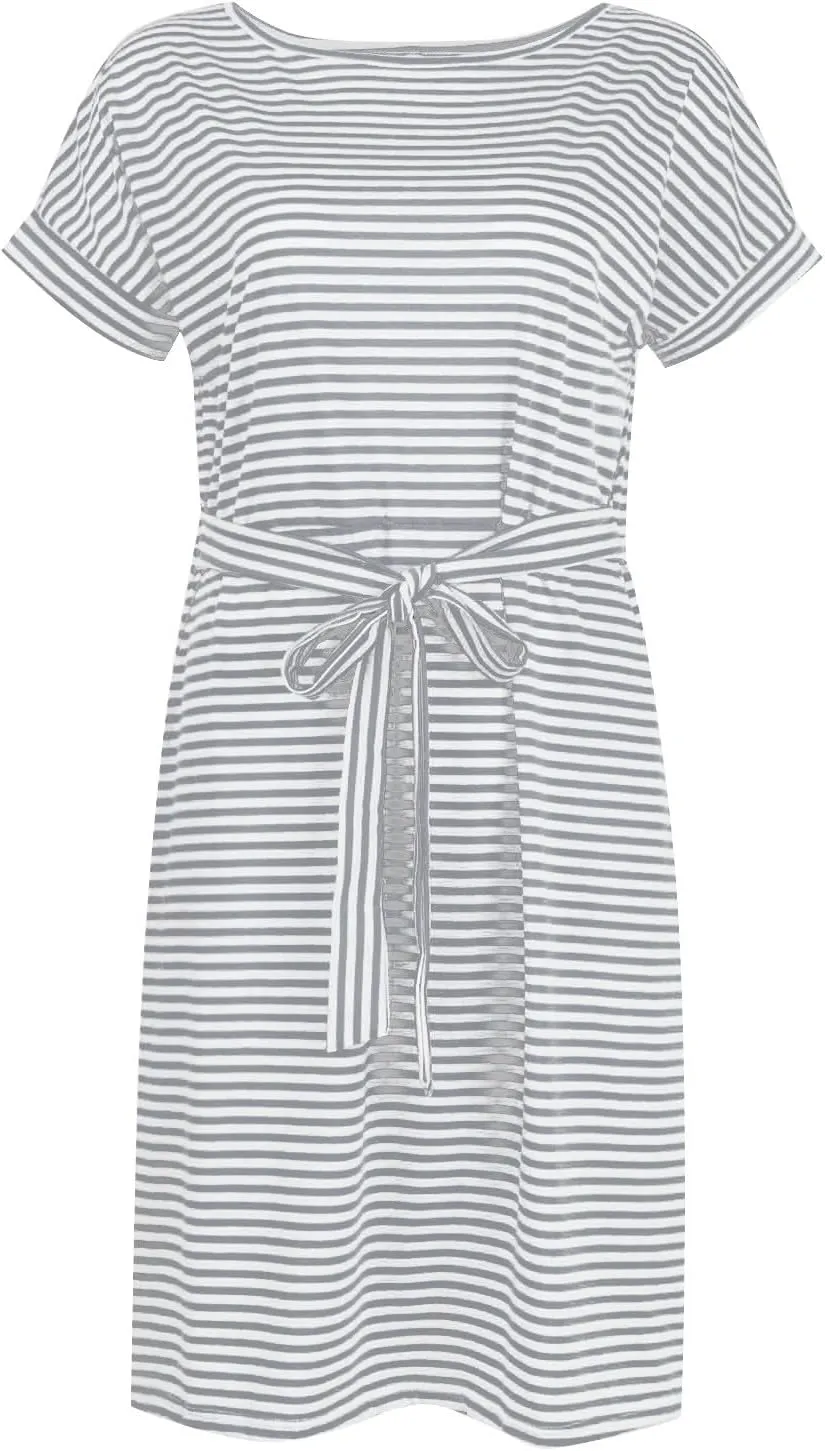 Women's Summer Dresses 2025 Trendy Crewneck Short Sleeve Midi T Shirt Dress Tie Waist Striped Tunic Dress with Pocket