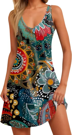 Womens Summer Dresses Printed Sleeveless Dress with Pocket Vacation Casual Swimsuit Coverup 2025 Beach Sundress