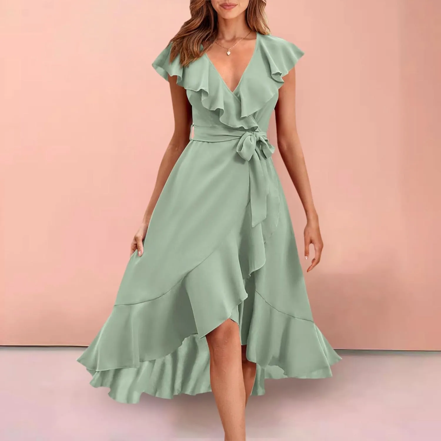 Womens Summer Wrap V Neck Split Party Dress Ruffle Short Sleeve Irregular Midi Dress with Belt